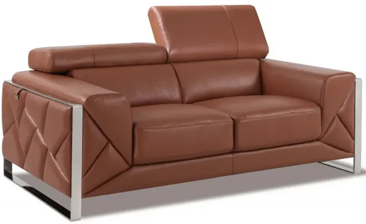 Italian Leather Loveseat - Camel / Silver