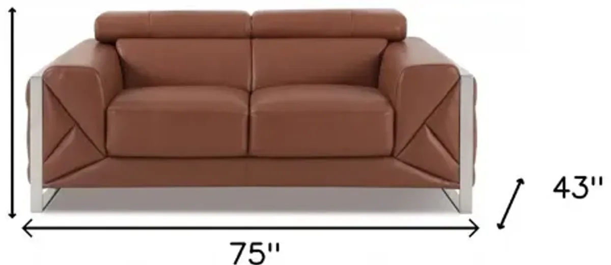 Italian Leather Loveseat - Camel / Silver