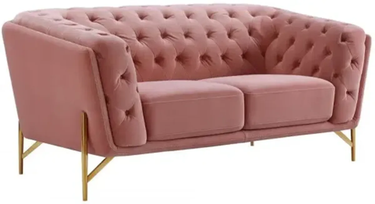 Stylish Velvet Loveseat With Diamond Tufts - Pink