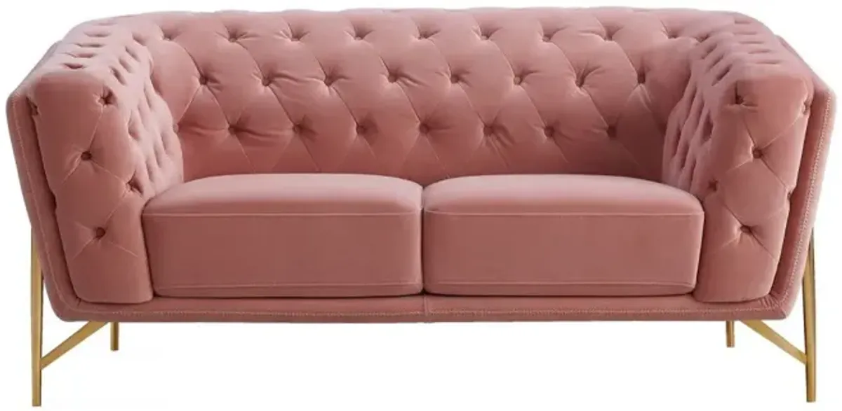 Stylish Velvet Loveseat With Diamond Tufts - Pink