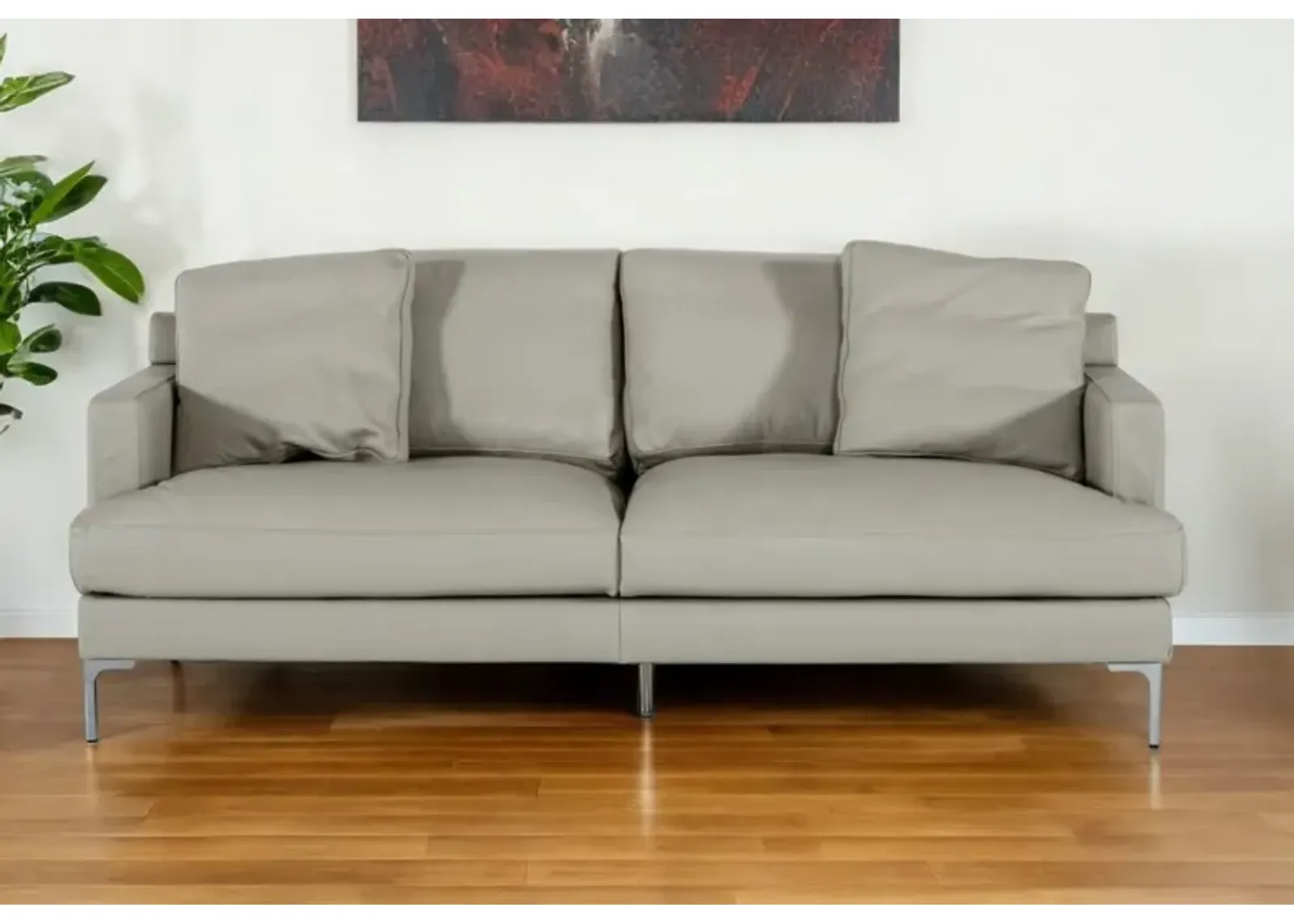 Genuine Leather Sofa With Silver Legs - Light Gray