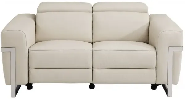 Italian Leather Power Reclining Loveseat - Beige / Silver