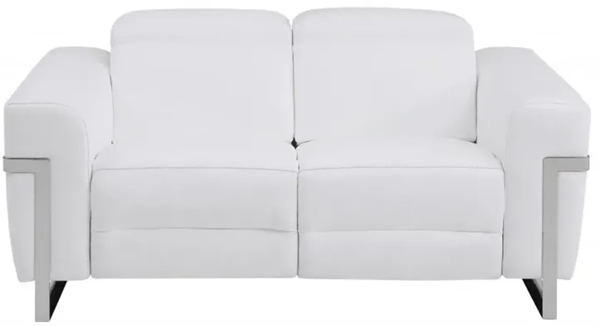 Italian Leather Power Reclining Loveseat - White / Silver