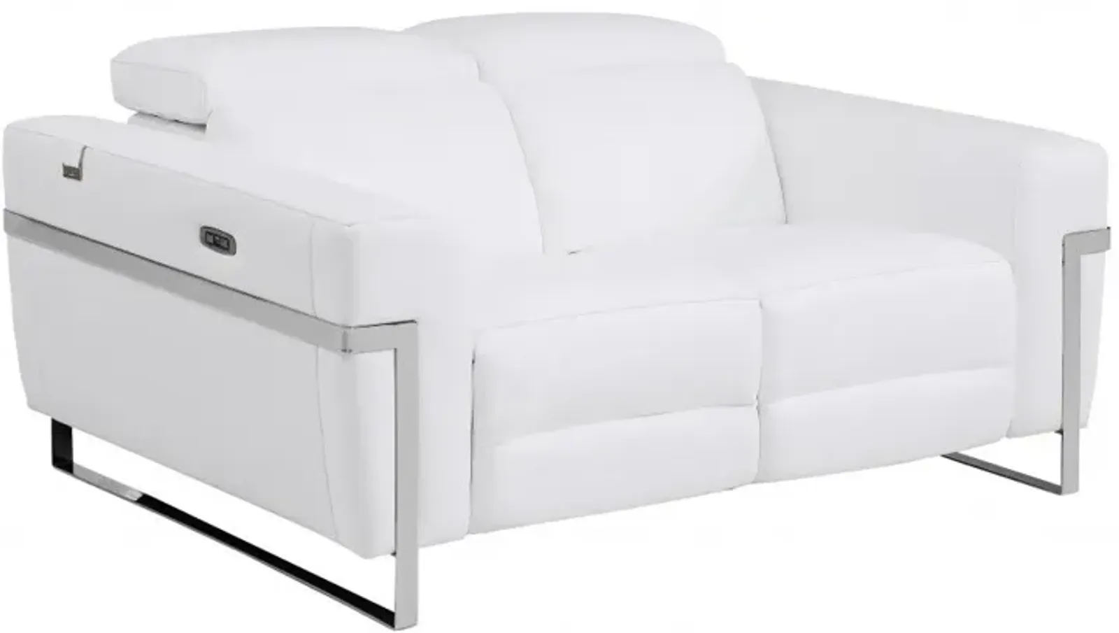 Italian Leather Power Reclining Loveseat - White / Silver