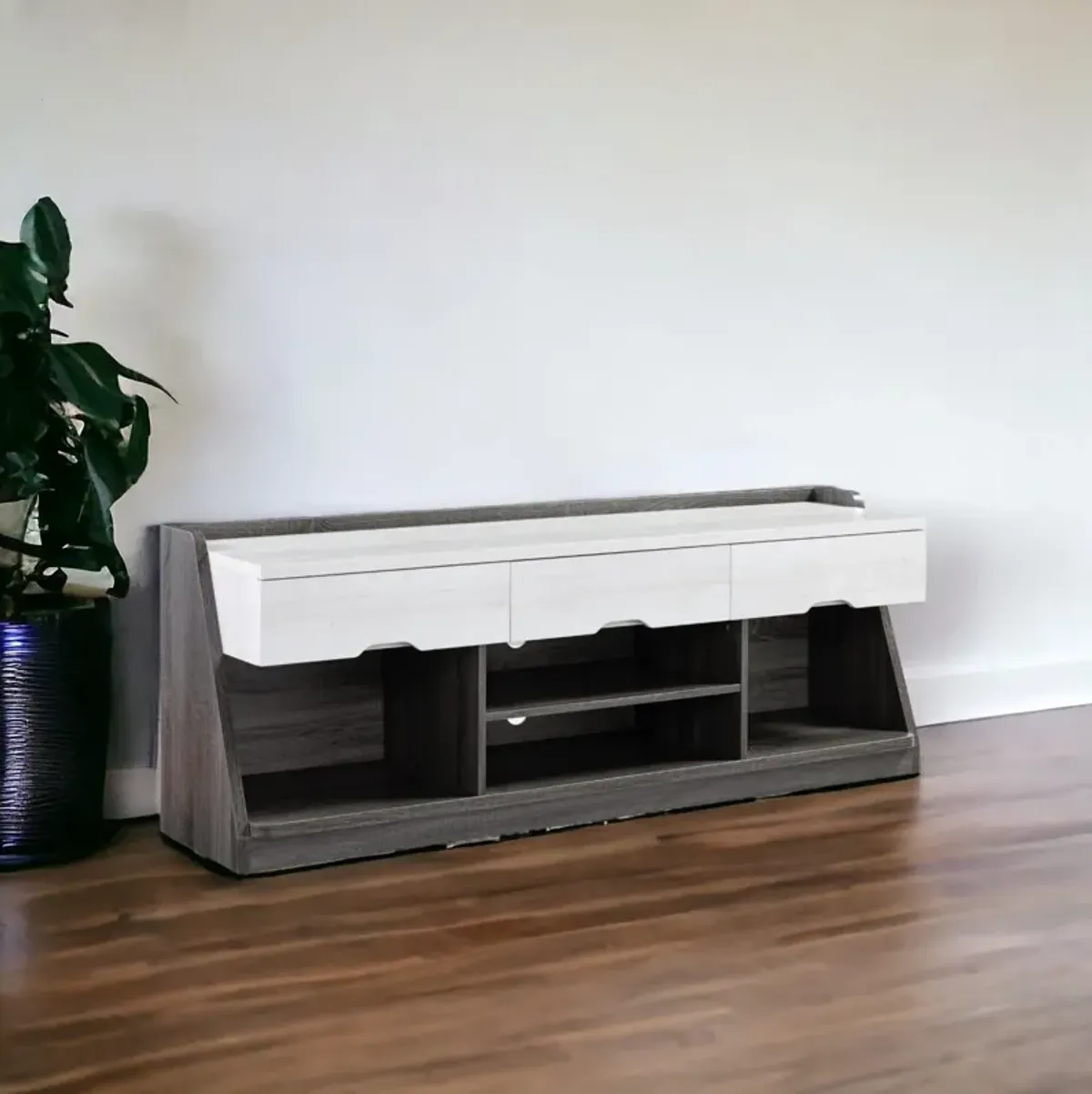 Particle Board Cabinetenclosed Storage TV Stand - White Oak / Distressed Gray