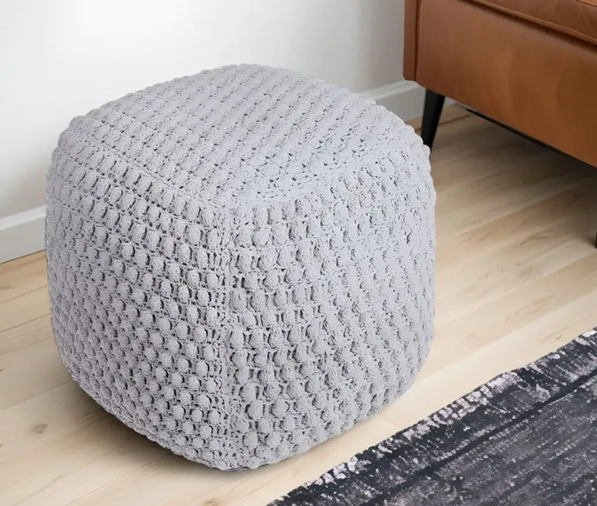 Cotton, Blend Pouf Ottoman - Light Gray