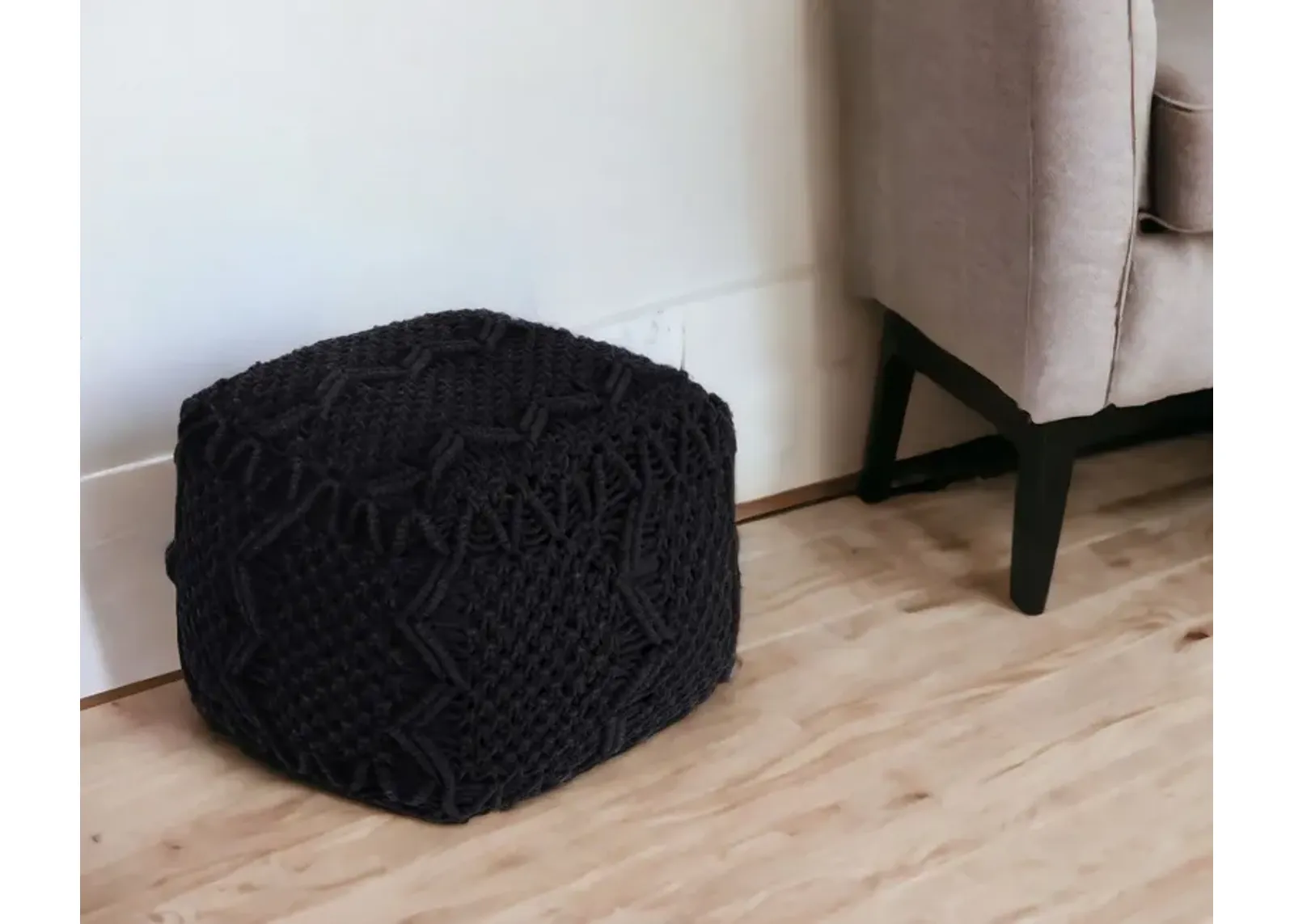 Cotton Blend Pouf Ottoman - Black