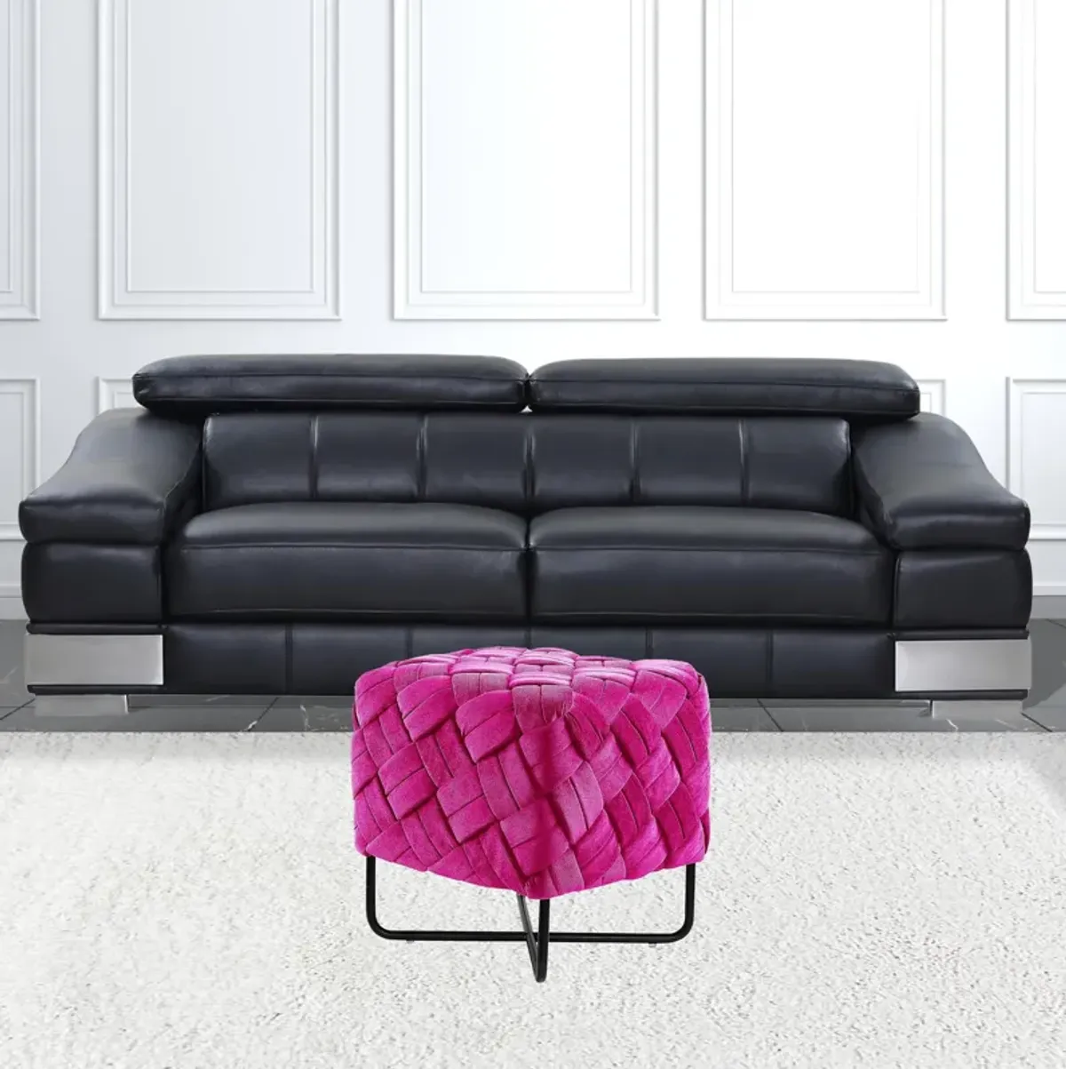 Velvet Cube Ottoman - Fuchsia / Black