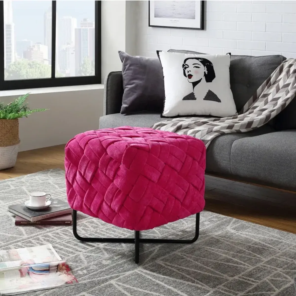 Velvet Cube Ottoman - Fuchsia / Black