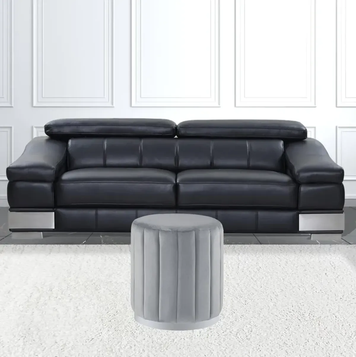 Round Velvet Ottoman - Silver / Gray