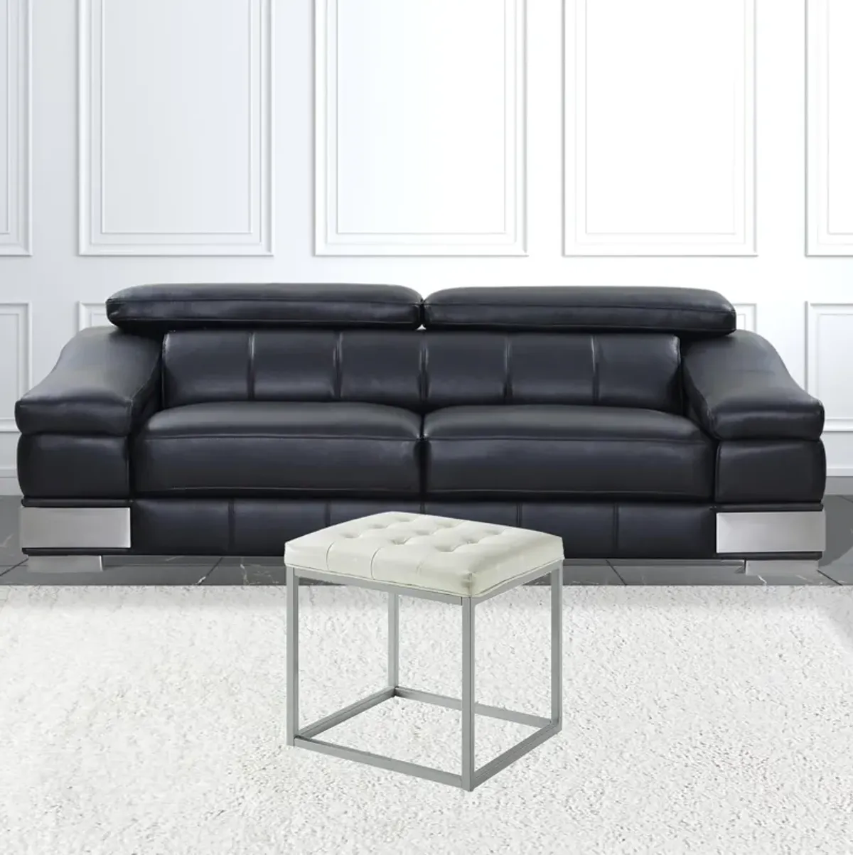 Faux Leather Cube Ottoman - Cream / Gray