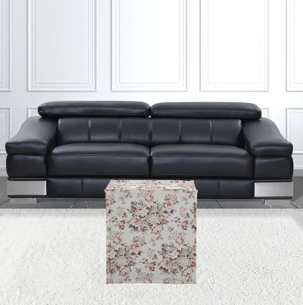 Linen Floral Ottoman - Ivory