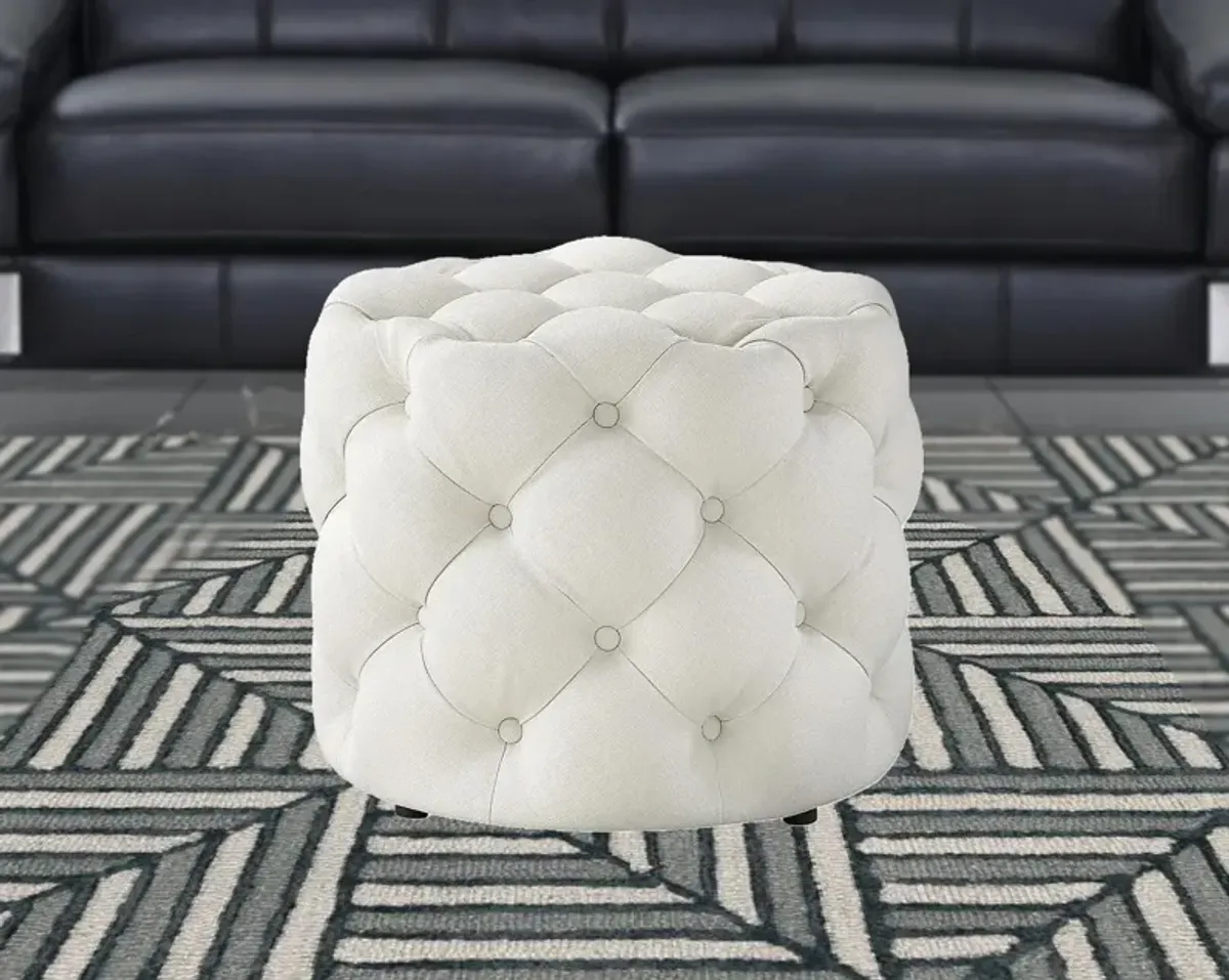 Linen Tufted Round Ottoman - White