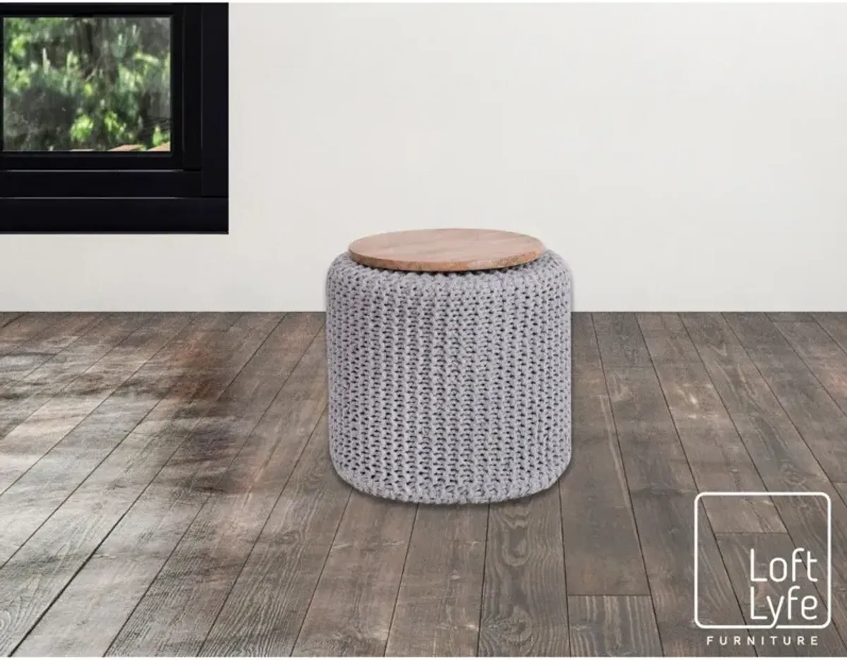 Cotton Blend Round Pouf Ottoman - Light Gray