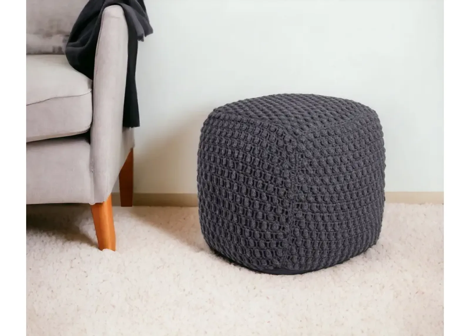 Cotton Blend Pouf Ottoman - Gray