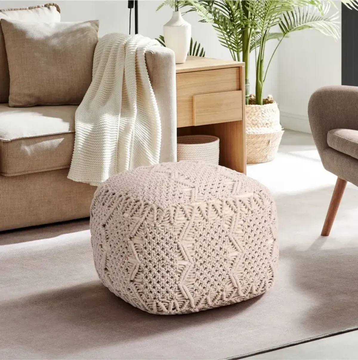 Cotton Blend Pouf Ottoman - Ivory