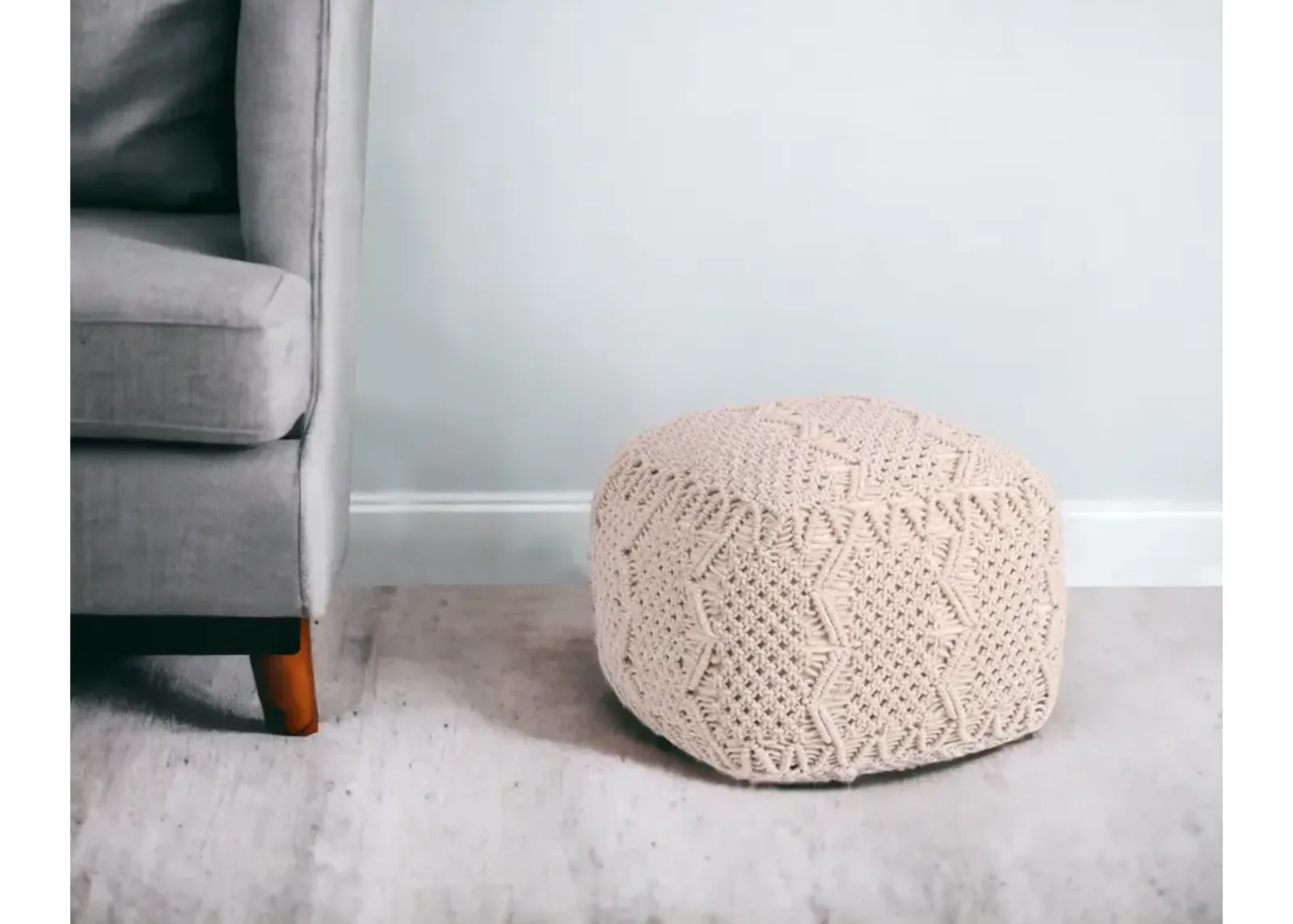 Cotton Blend Pouf Ottoman - Ivory