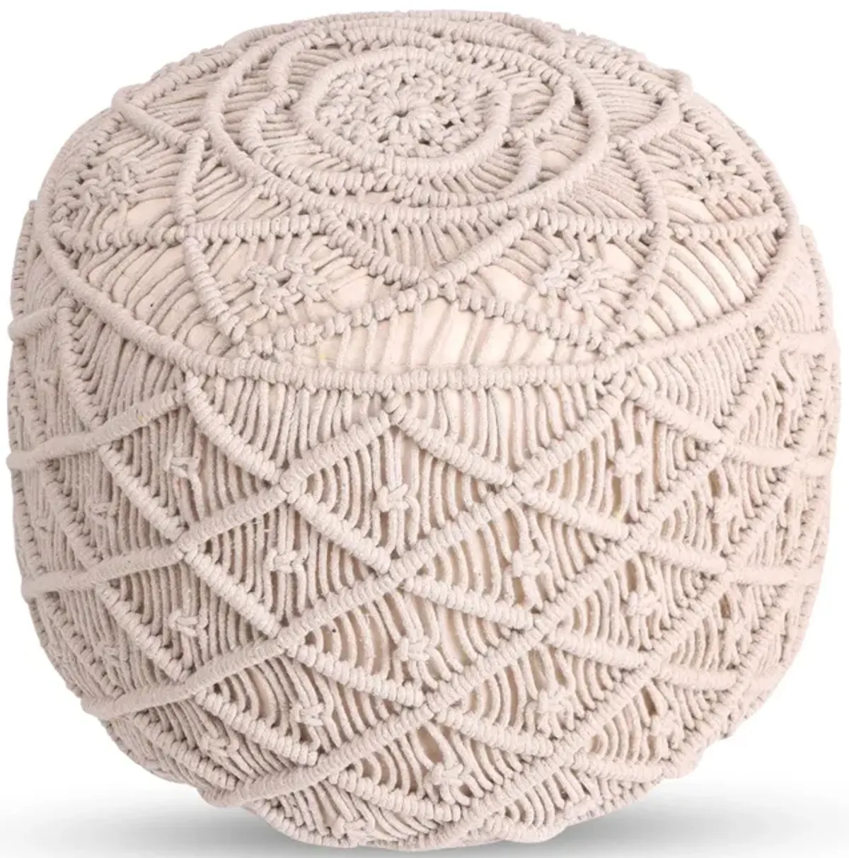 Cotton Blend Round Floral Pouf Ottoman - Ivory