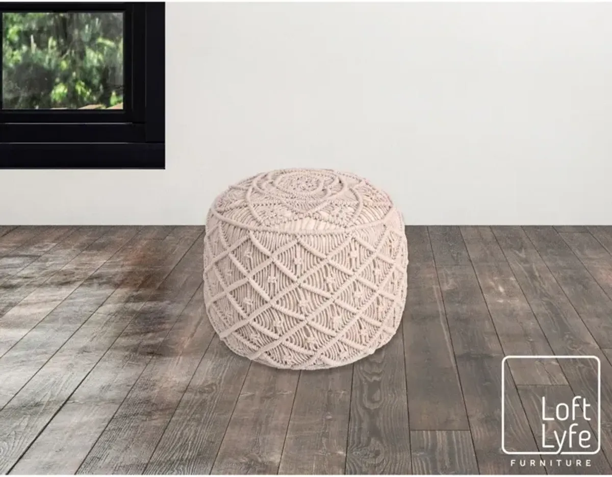 Cotton Blend Round Floral Pouf Ottoman - Ivory