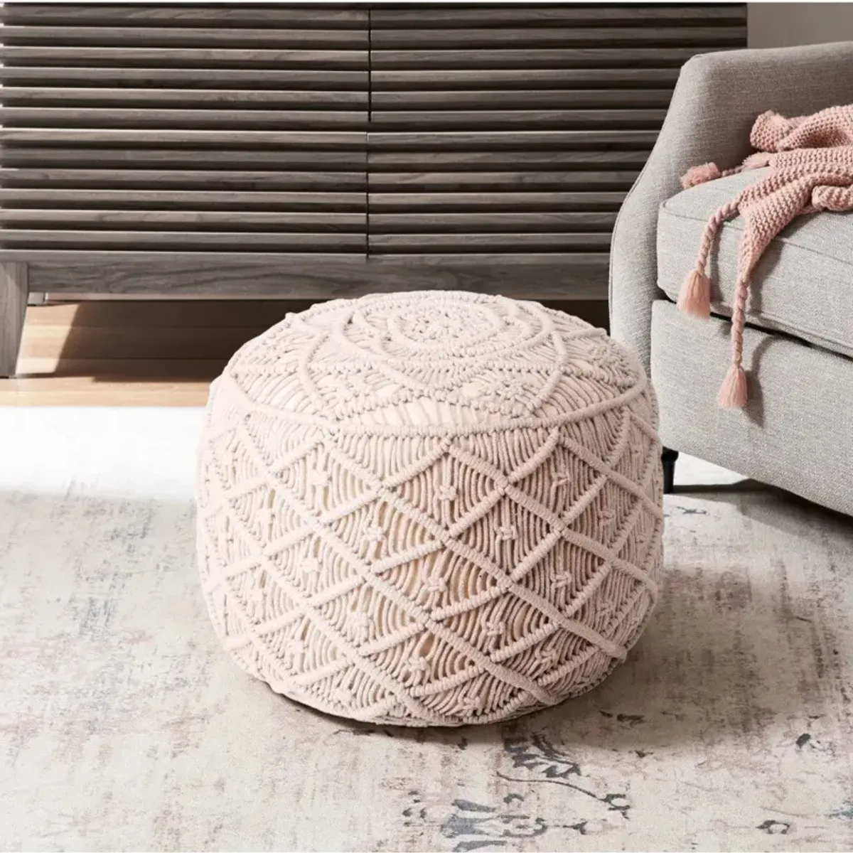 Cotton Blend Round Floral Pouf Ottoman - Ivory