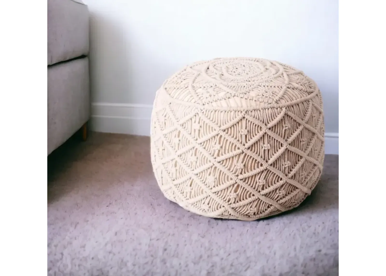 Cotton Blend Round Floral Pouf Ottoman - Ivory