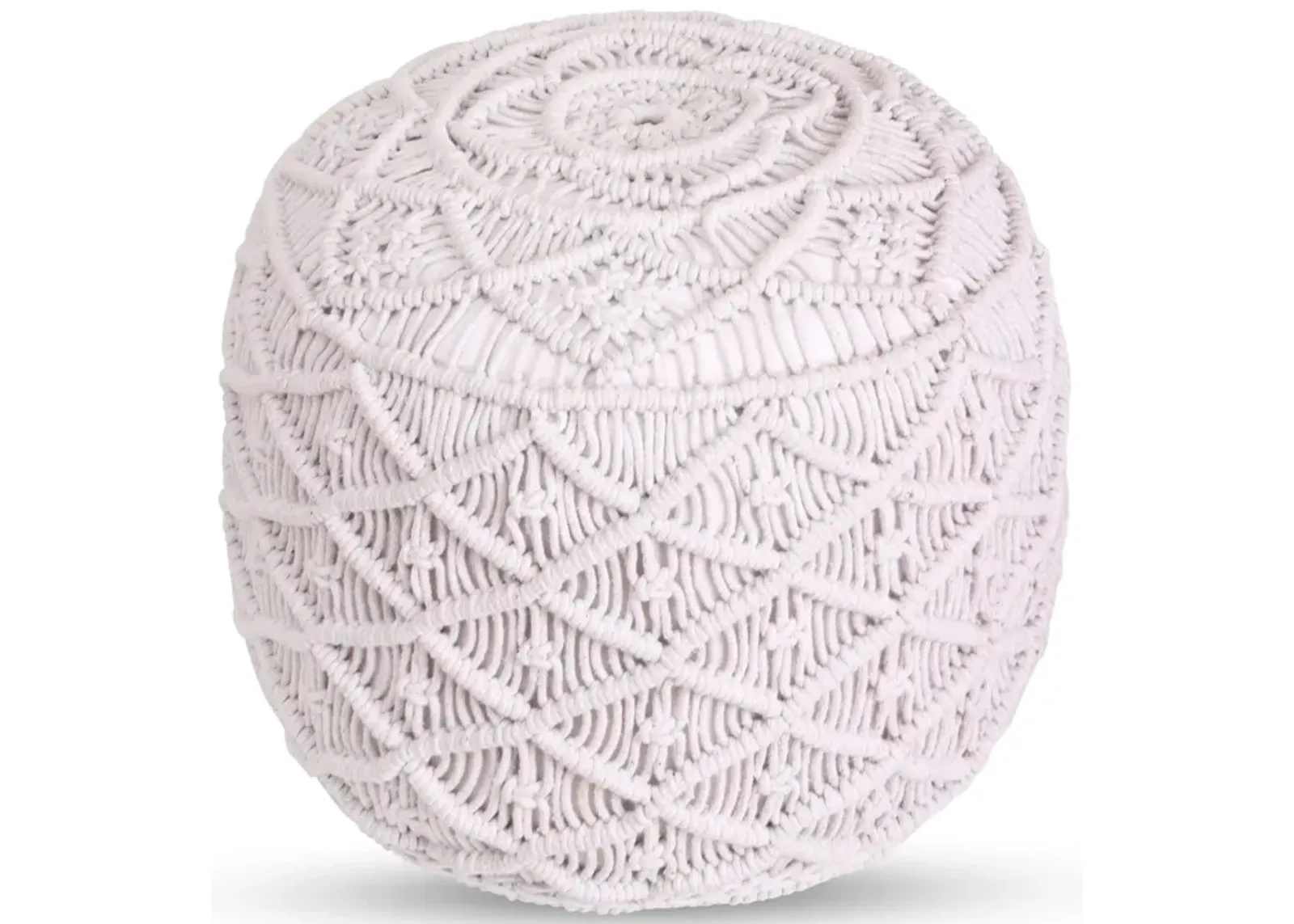 Cotton Blend Round Floral Pouf Ottoman - White