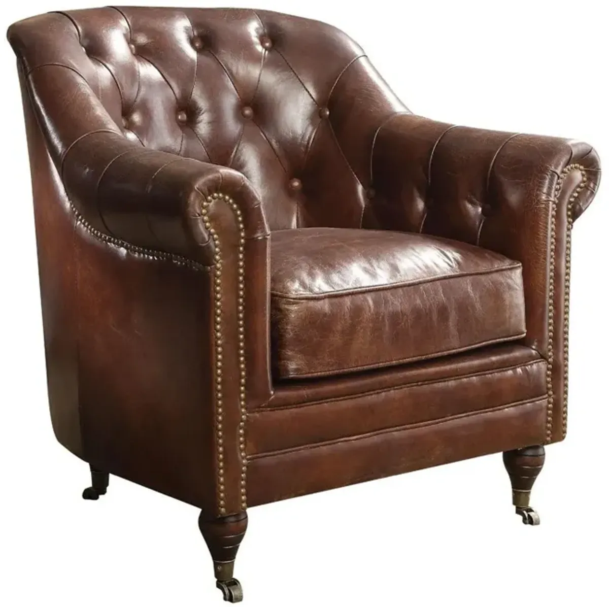 Top Grain Leather Tufted Chesterfield Chair - Brown