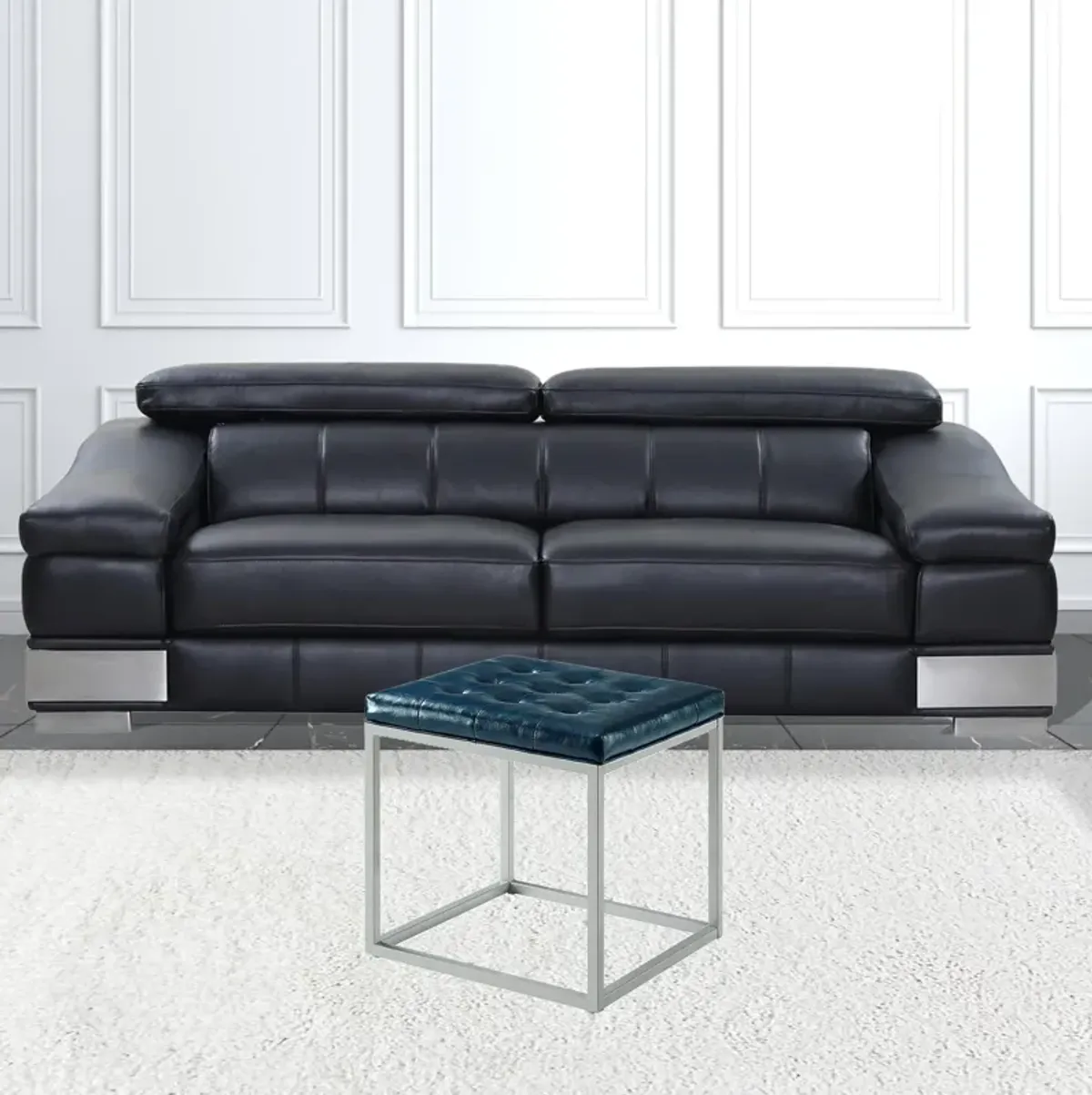 Faux Leather Cube Ottoman - Blue / Gray