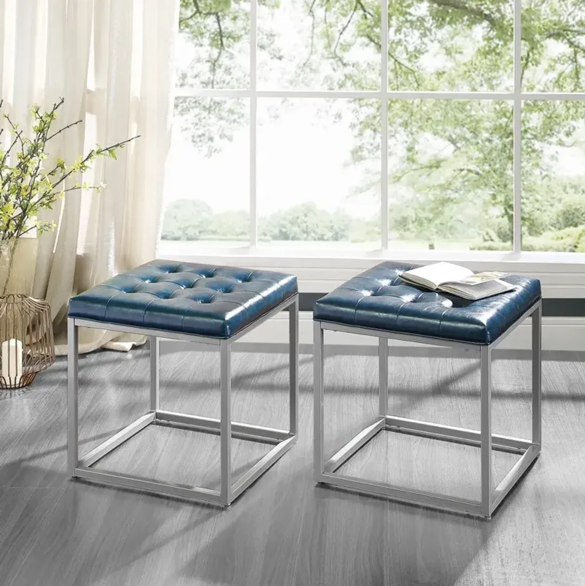 Faux Leather Cube Ottoman - Blue / Gray