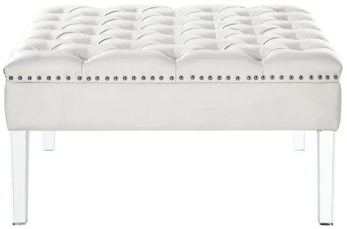 Faux Leather Cocktail Ottoman - White / Clear