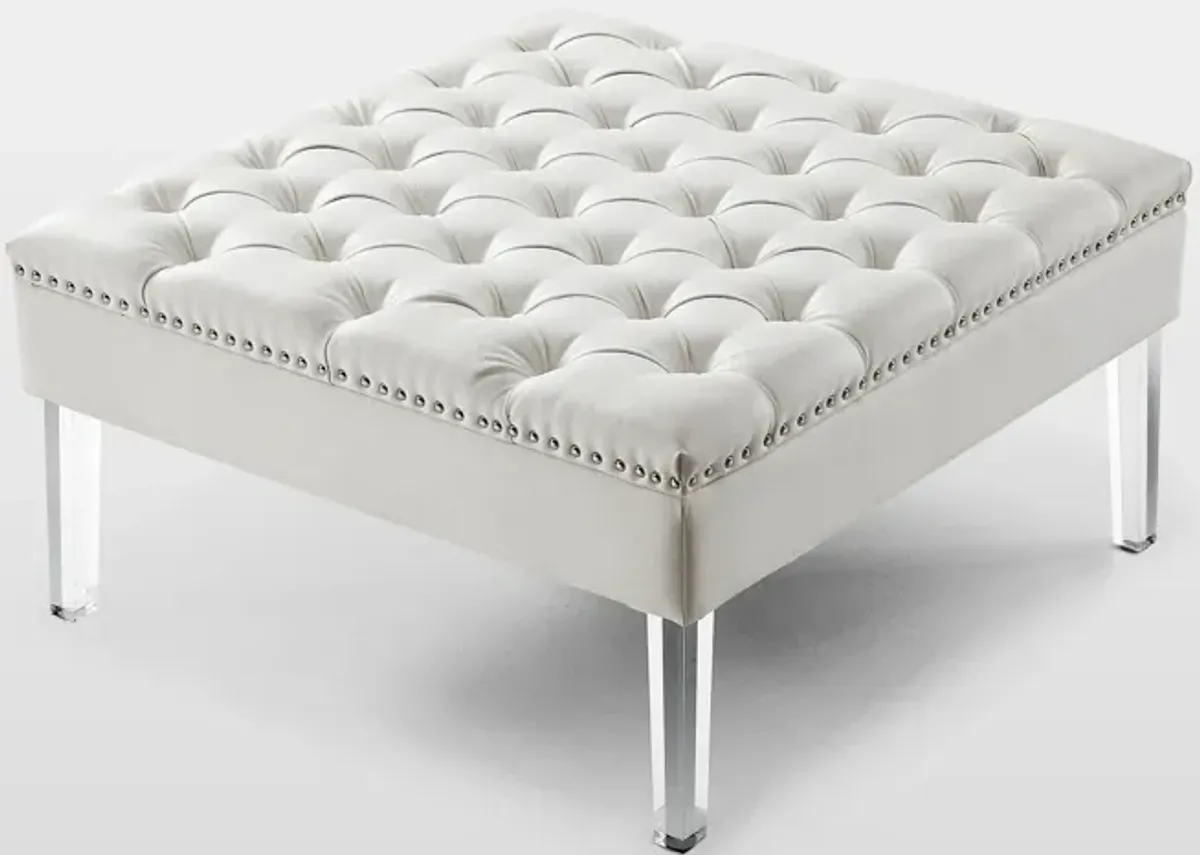 Faux Leather Cocktail Ottoman - White / Clear