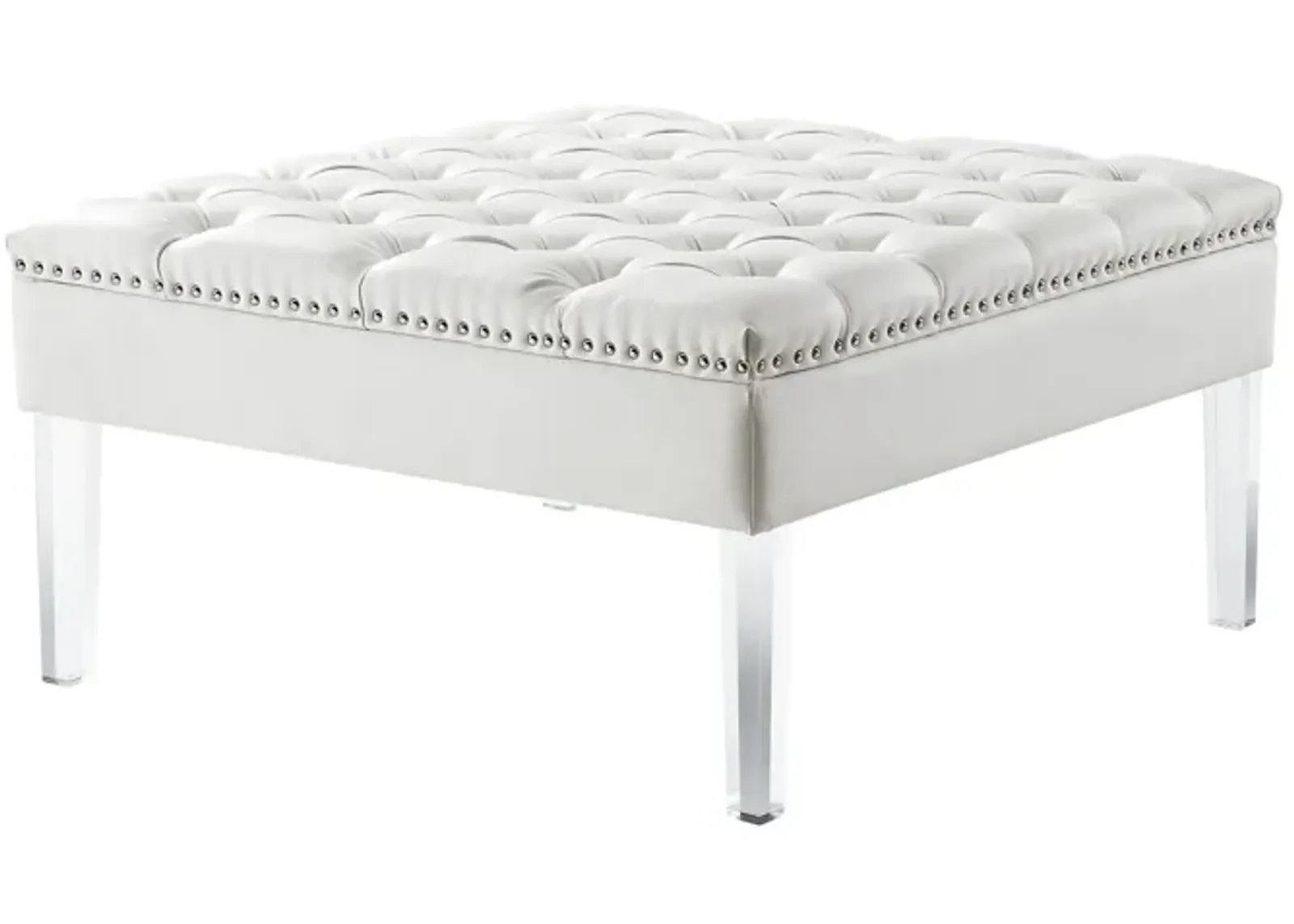 Faux Leather Cocktail Ottoman - White / Clear