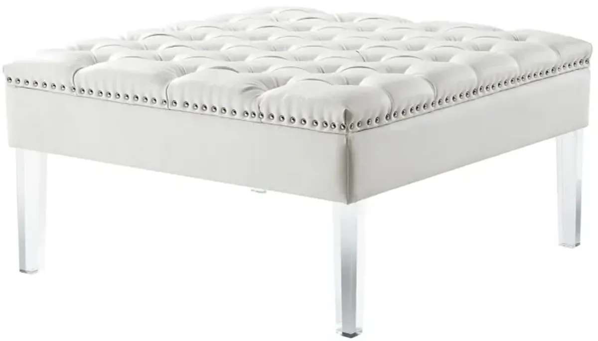 Faux Leather Cocktail Ottoman - White / Clear