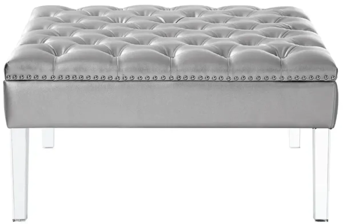 Faux Leather Tufted Cocktail Ottoman - Silver / Clear