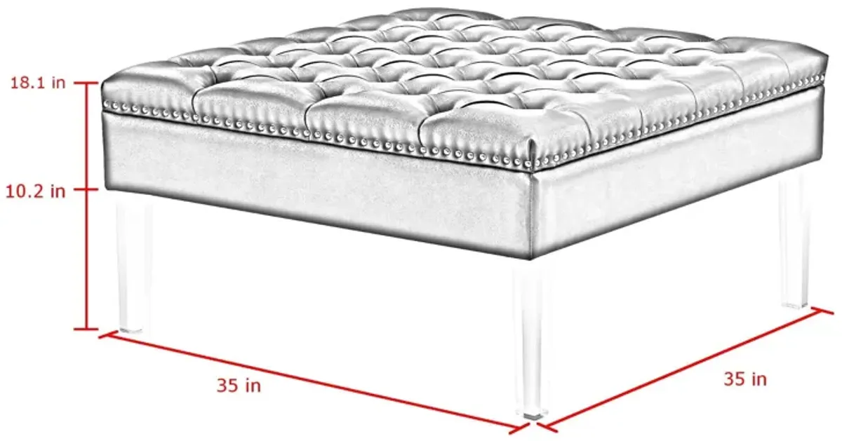 Faux Leather Tufted Cocktail Ottoman - Silver / Clear