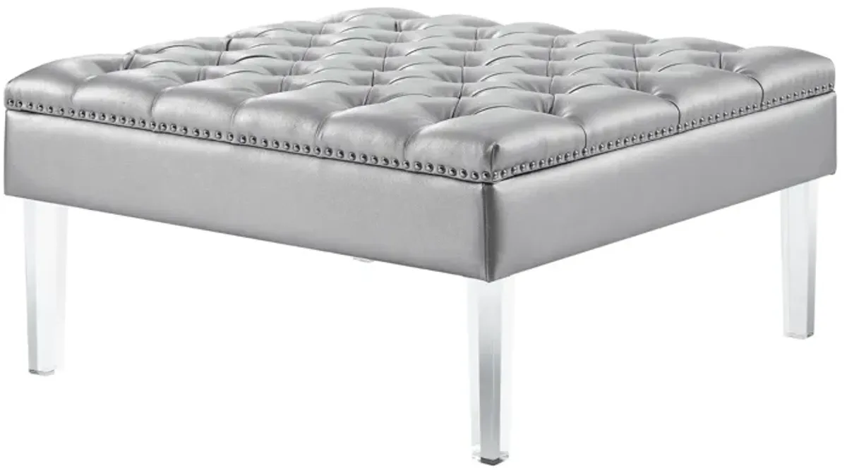 Faux Leather Tufted Cocktail Ottoman - Silver / Clear