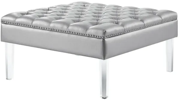 Faux Leather Tufted Cocktail Ottoman - Silver / Clear