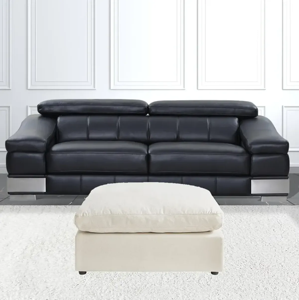 Linen Ottoman - White / Black