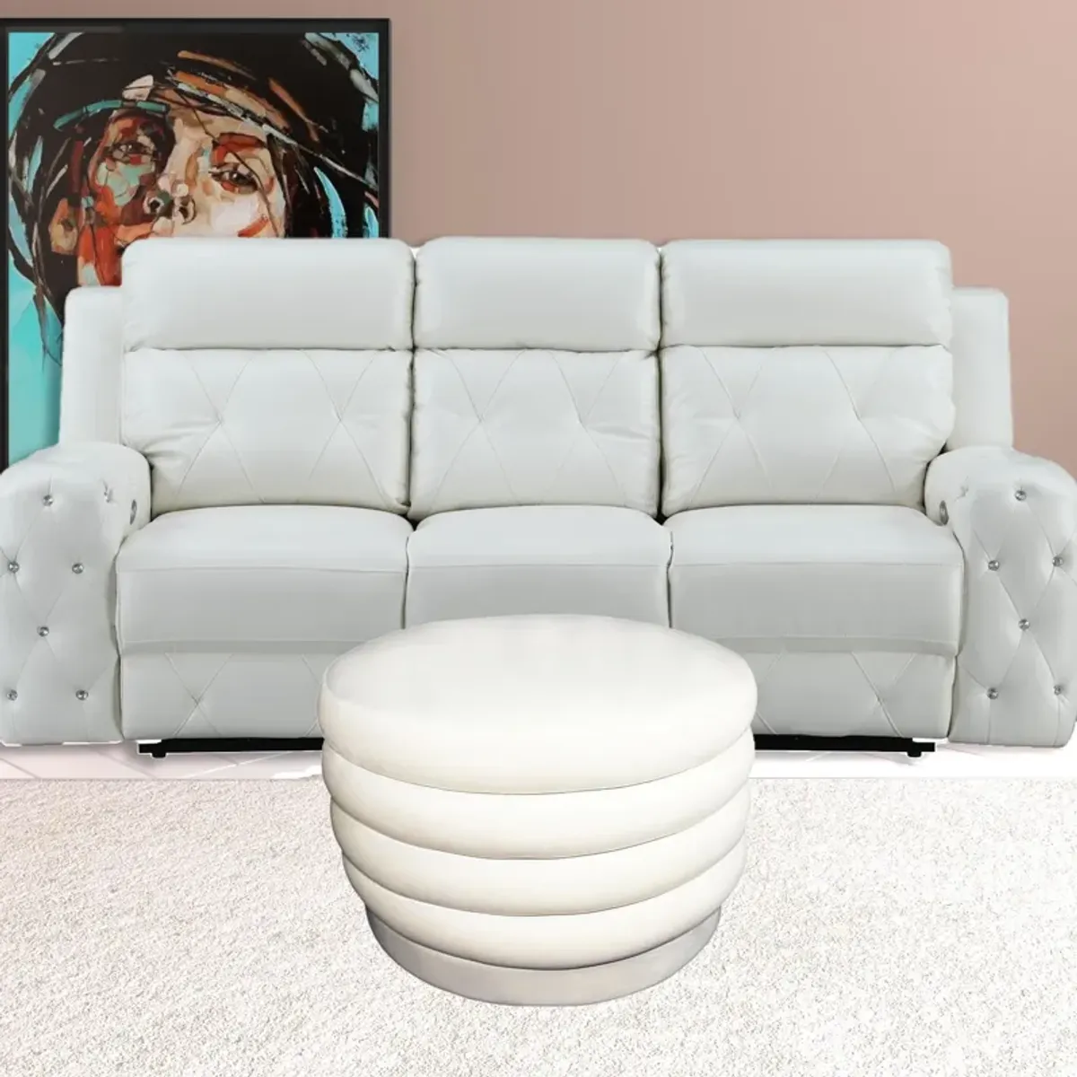 Velvet Tufted Cocktail Ottoman Round - White