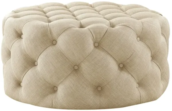 Linen Rolling Tufted Round Cocktail Ottoman - Beige