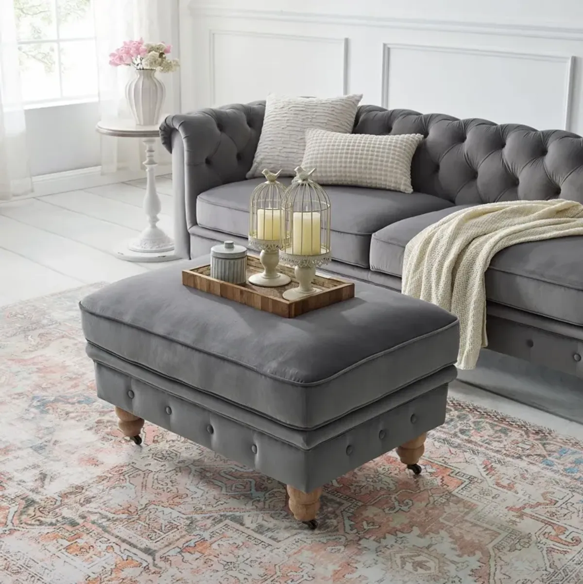 Velvet And Natural Rolling Tufted Cocktail Ottoman - Gray