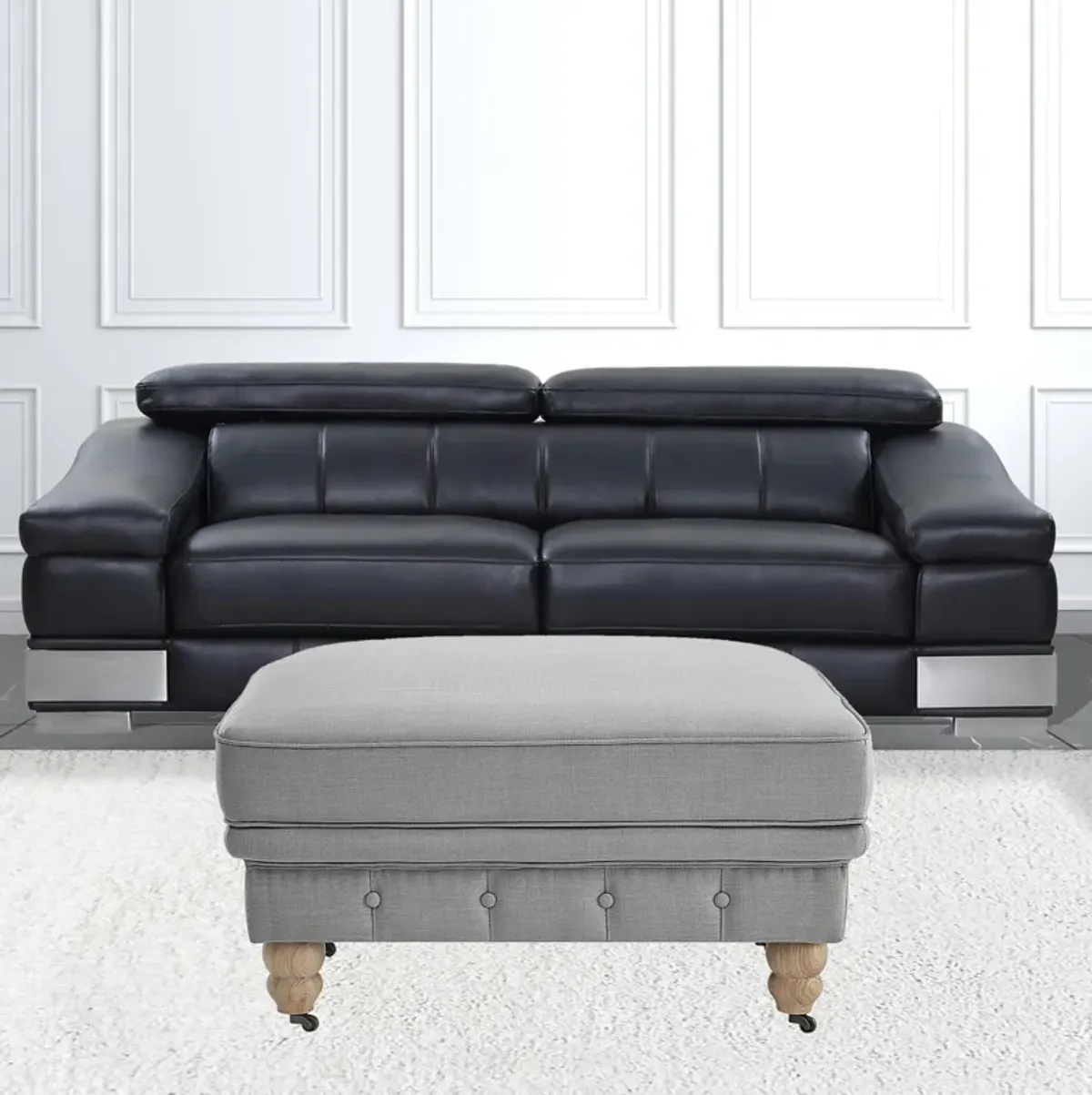 Linen Rolling Tufted Cocktail Ottoman - Light Gray / Natural