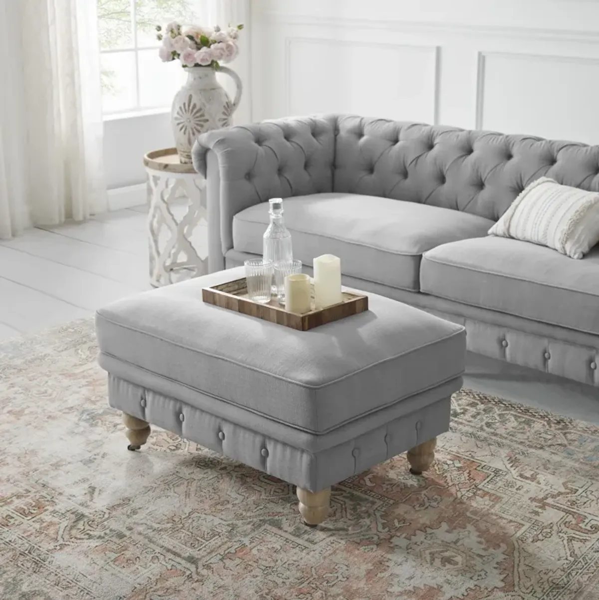 Linen Rolling Tufted Cocktail Ottoman - Light Gray / Natural