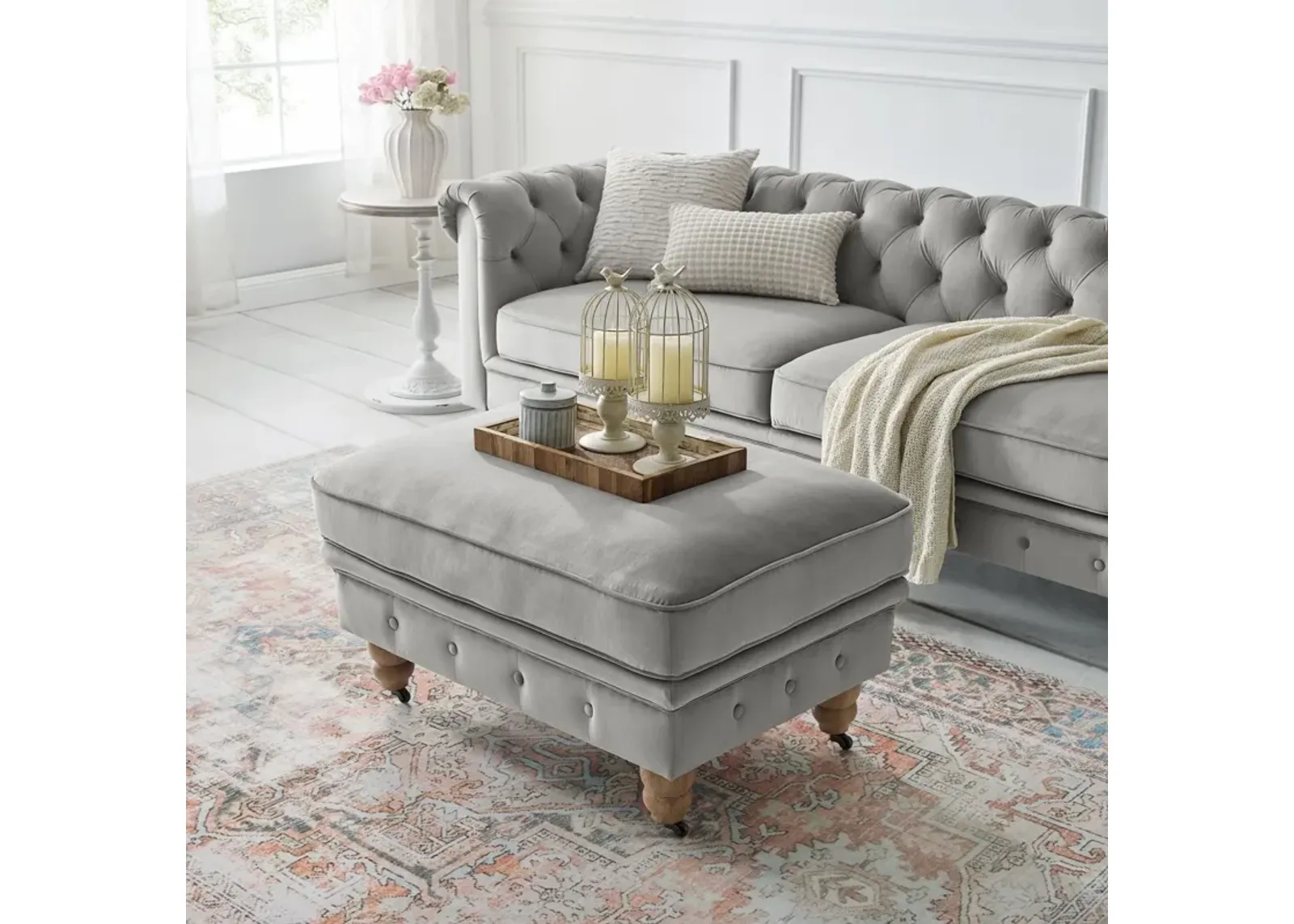 Tufted Velvet And Natural Rolling Cocktail Ottoman - Gray