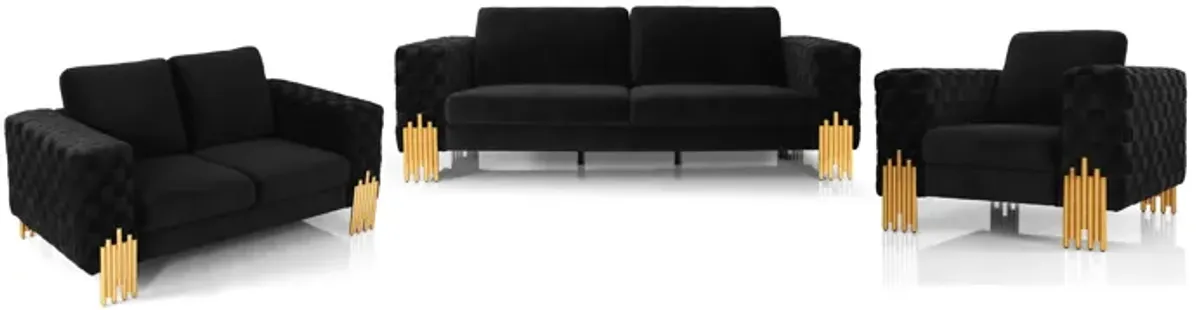 Three Piece Velvet Six Person Seating Set - Black