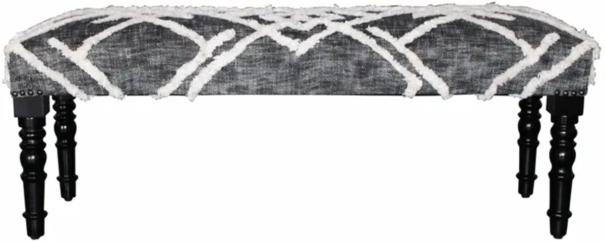 Geometric Cotton Upholstered Distressed Bench - Gray / White