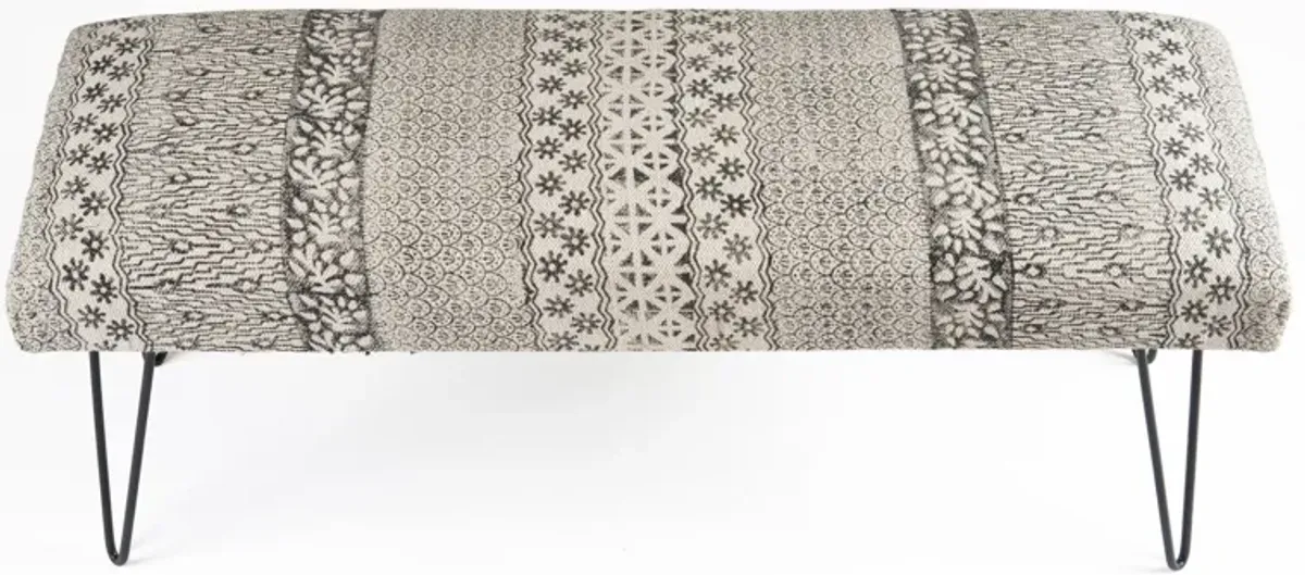 Leg Abstract Floral Upholstered Bench - Charcoal Gray / White Black