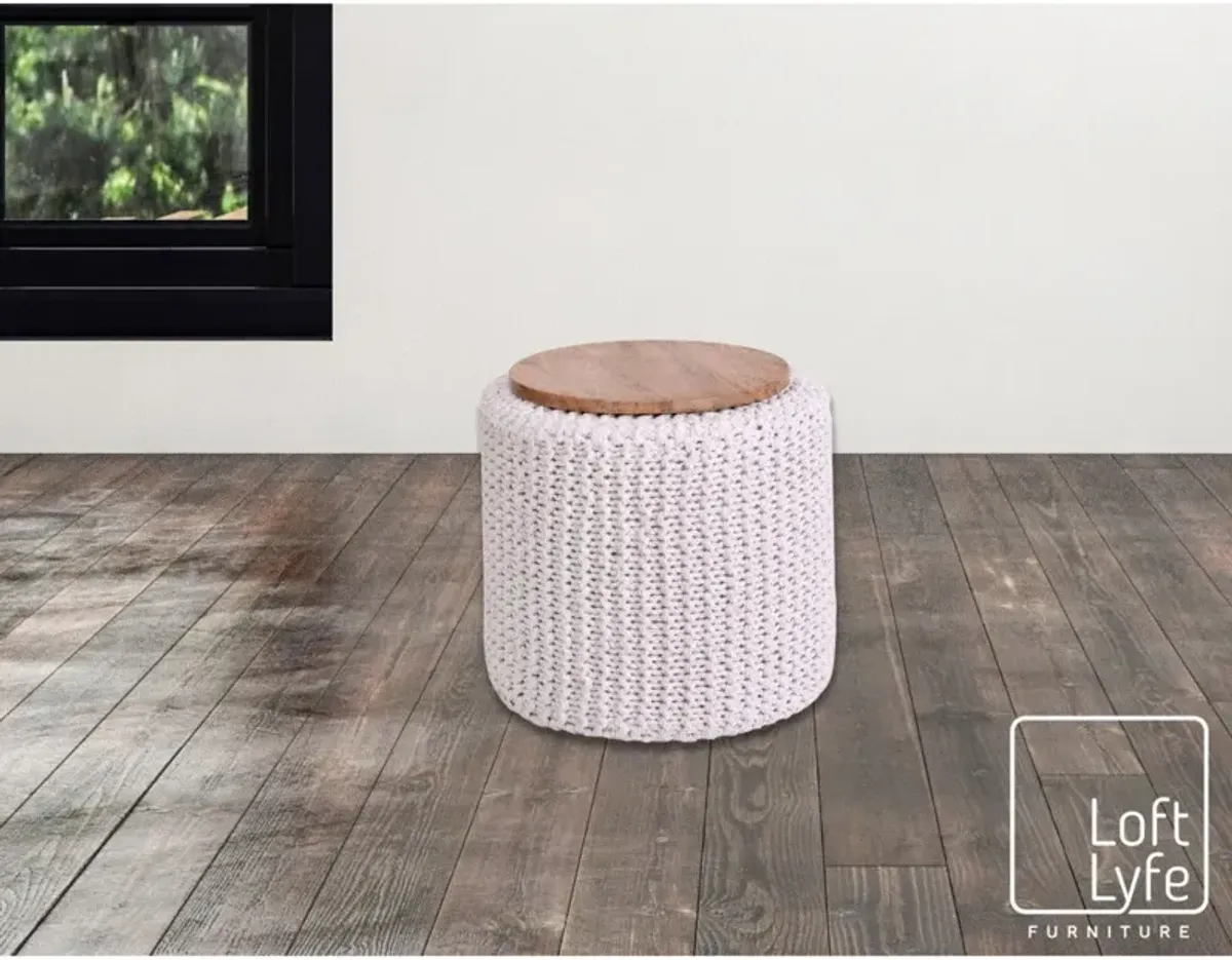 Cotton Blend Round Pouf Ottoman - White