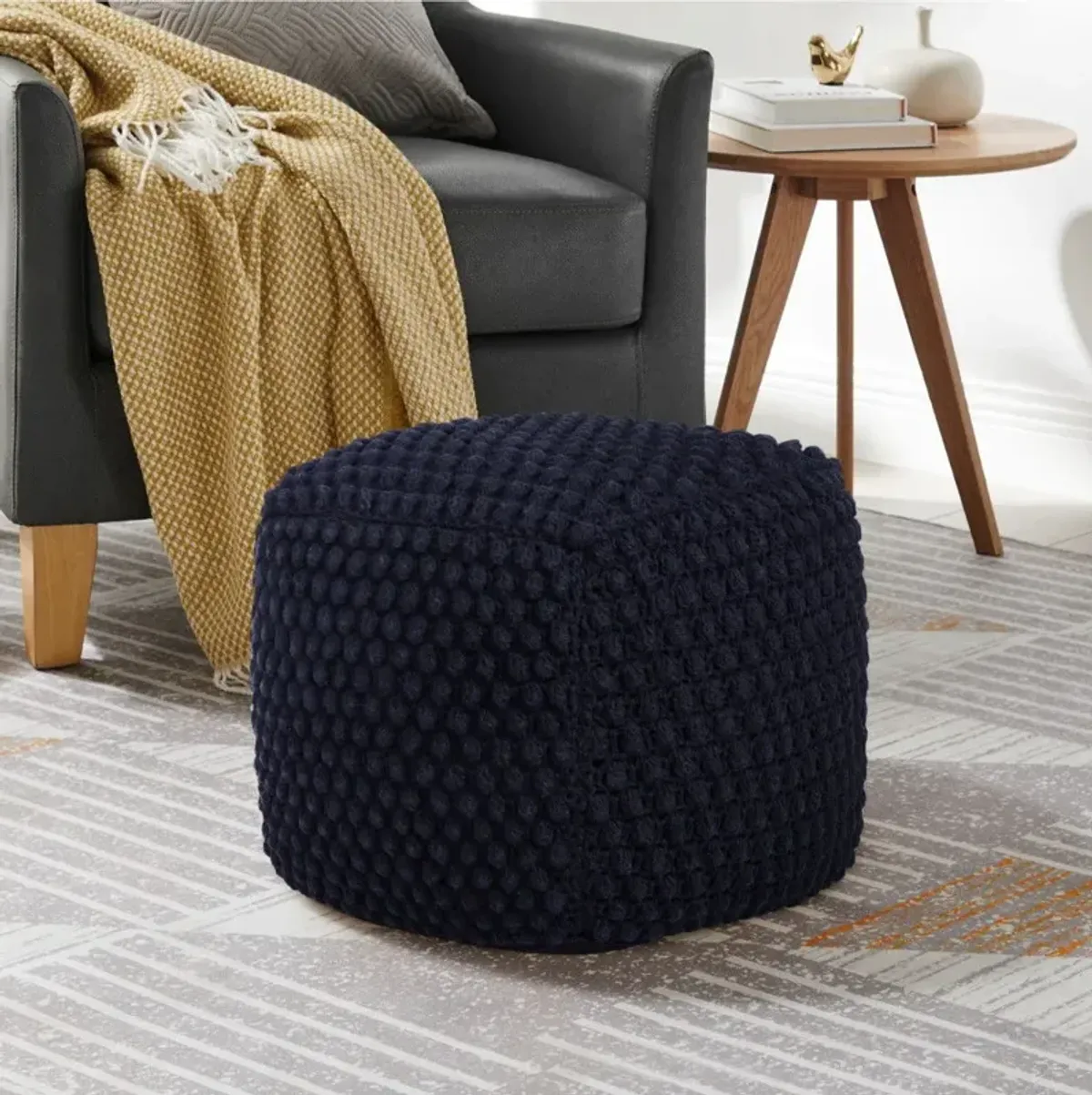 Cotton Blend Pouf Ottoman - Navy Blue