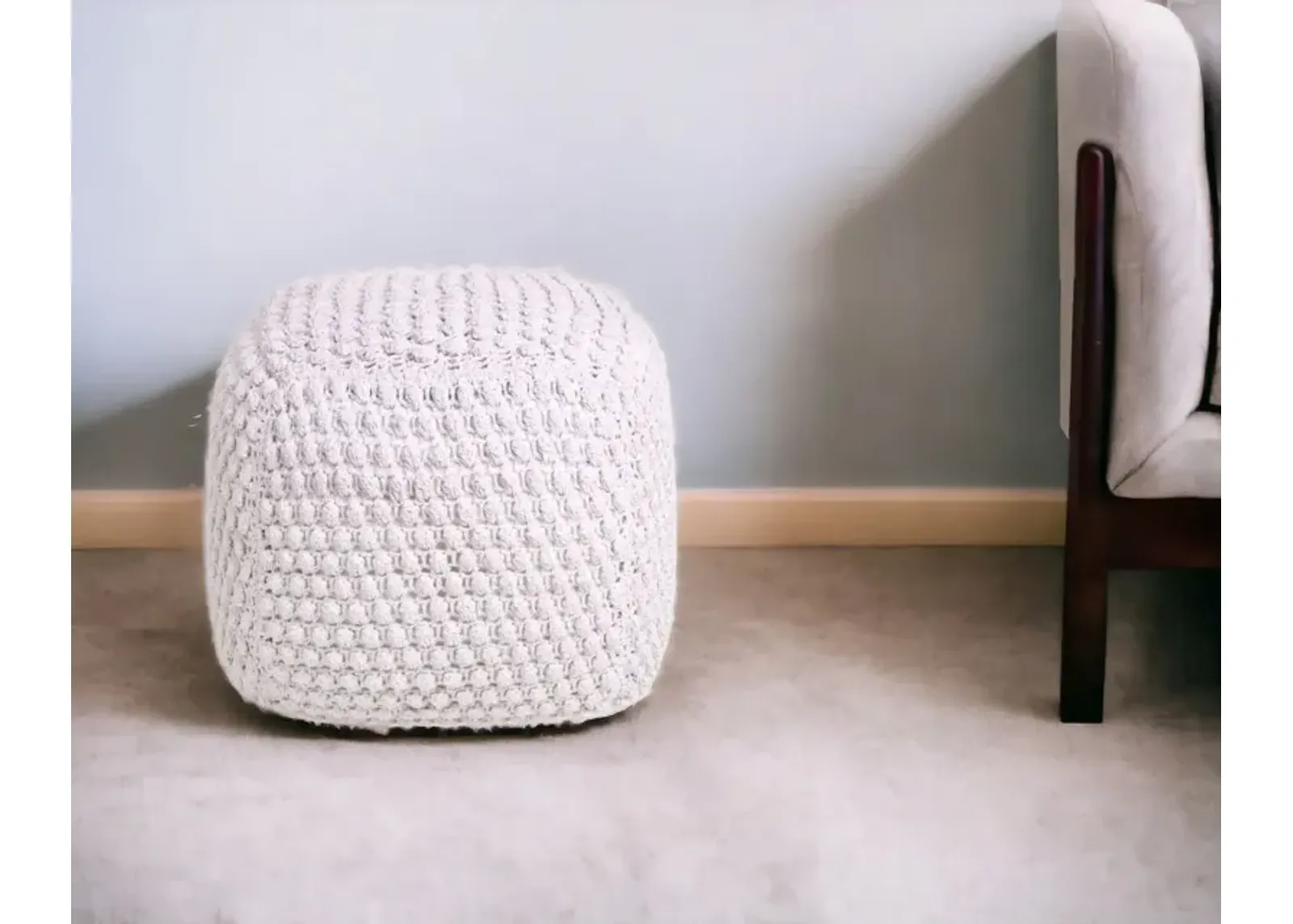 Cotton, Blend Pouf Ottoman - White